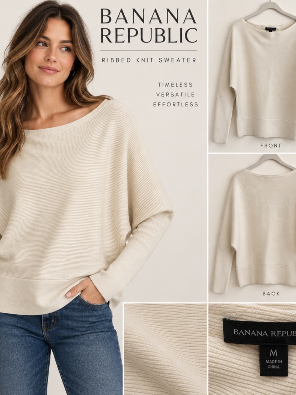 Banana Republic Ivory Ribbed Boat Neck Dolman Sweater Size M